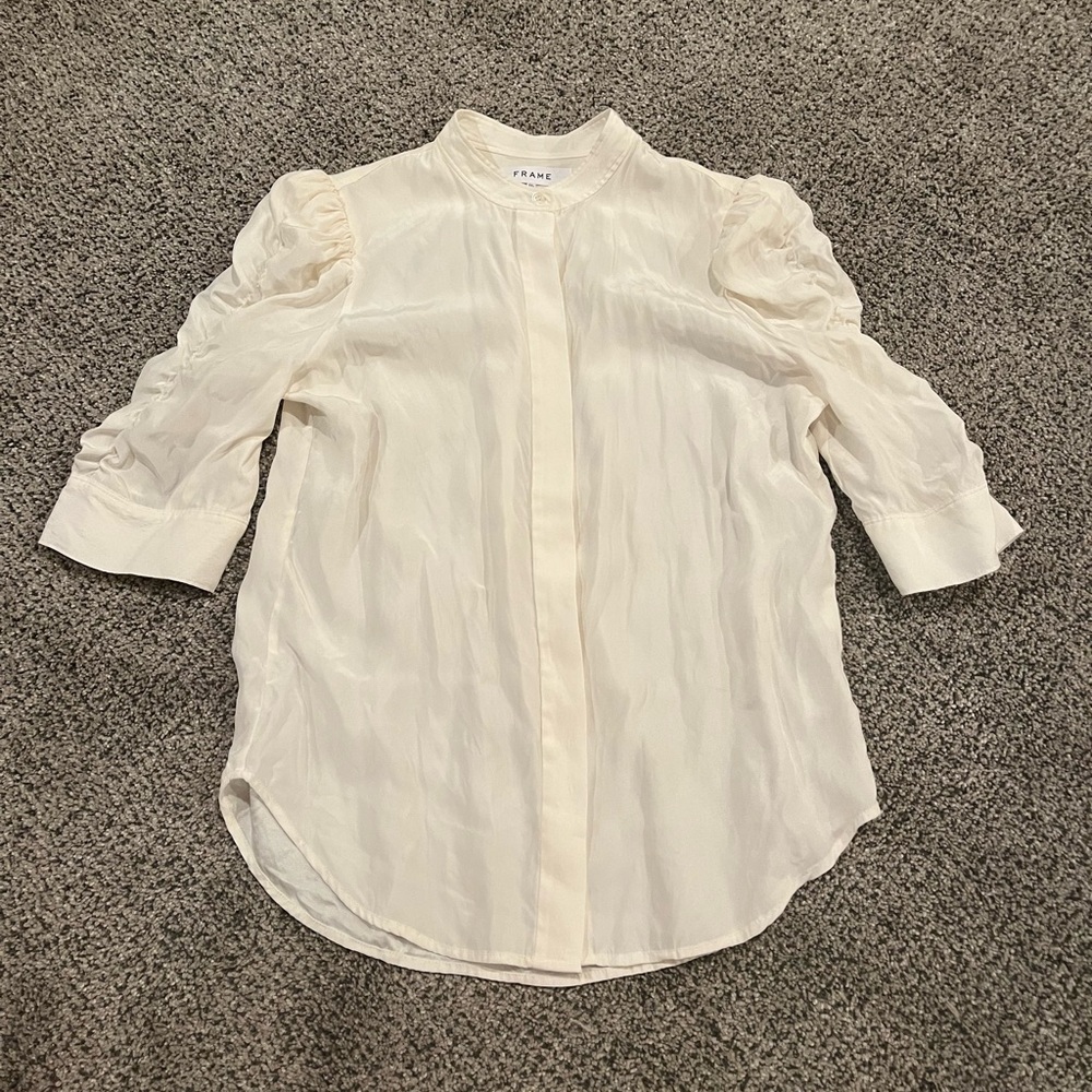 Frame Shirred Sleeve Silk Blouse (off white) Women’s XS